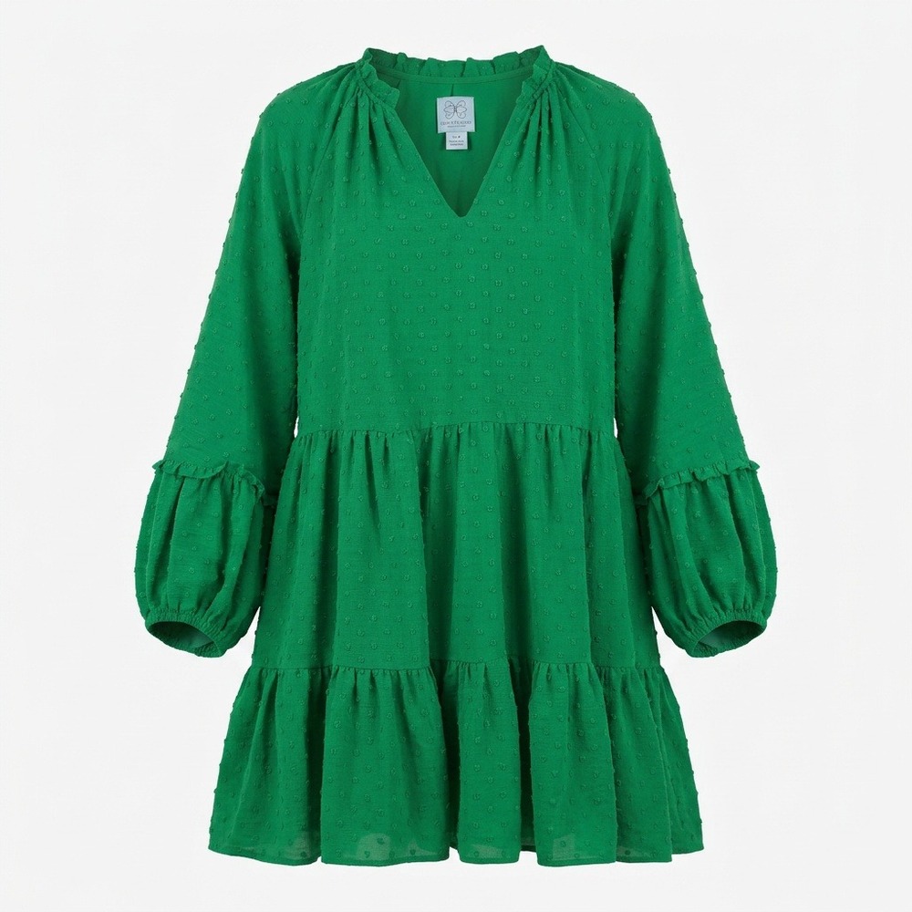 CeCe Green Clip Dot Tiered Mini Dress Ruffle V-Neck Balloon Sleeve Womens Medium
